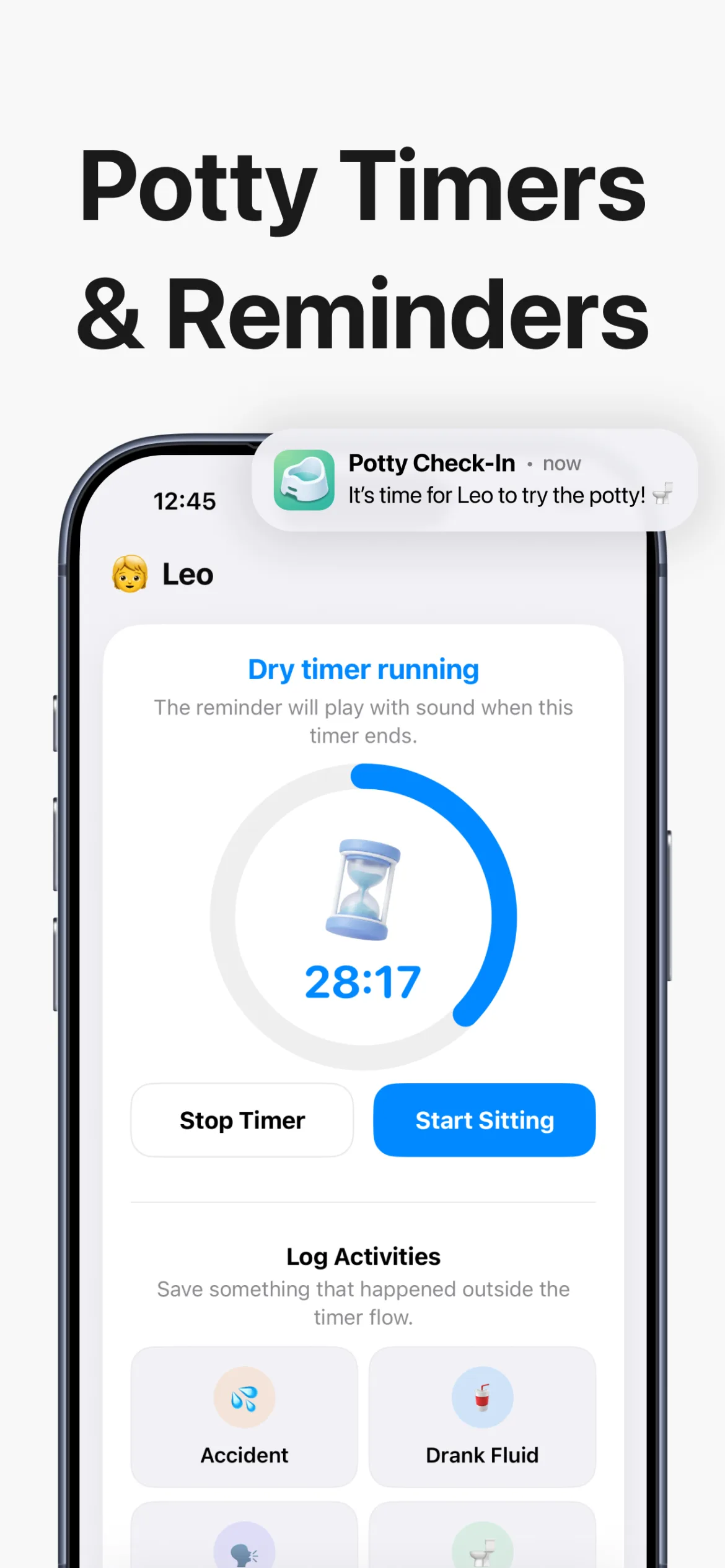 Potty Training App Active Timer Screen showing 45-Minute Dry Countdown